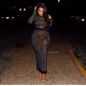 Black maxi body con dress with rhinestone